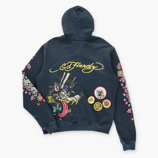 Vintage ED HARDY Embroidered Patch Cherry Blossom Skull Christian Audigier Hoodie Sweatshirt (M)