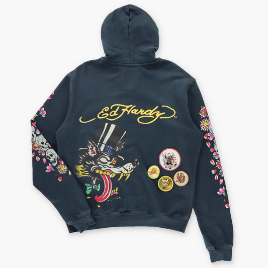 Vintage ED HARDY Embroidered Patch Cherry Blossom Skull Christian Audigier Hoodie Sweatshirt (M) Vintage Sole Melbourne