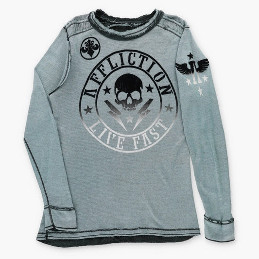 Vintage AFFLICTION Reversible Y2K Velvet Detailing Thermal Long Sleeve Tee USA Made (L-XL TALL)