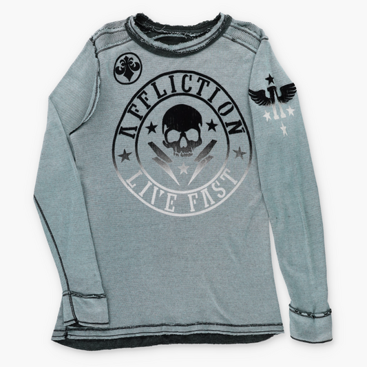 Vintage AFFLICTION Reversible Y2K Velvet Detailing Thermal Long Sleeve Tee USA Made (L-XL TALL) Vintage Sole Melbourne