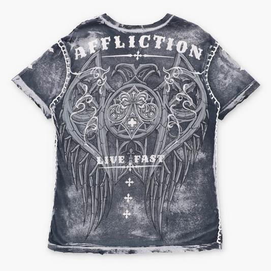 Vintage AFFLICTION "Live Fast" Y2K Velvet & Stitching Detail USA Made T-Shirt (M-L TALL)
