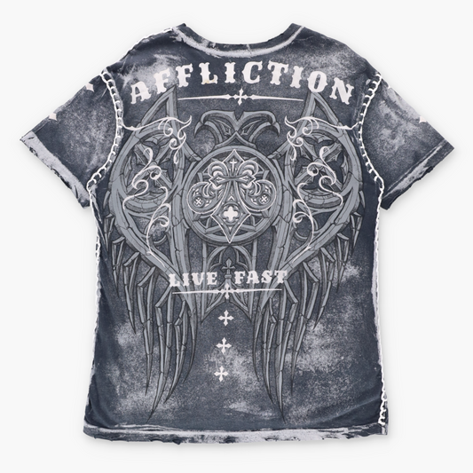 Vintage AFFLICTION "Live Fast" Y2K Velvet & Stitching Detail USA Made T-Shirt (M-L TALL) Vintage Sole Melbourne