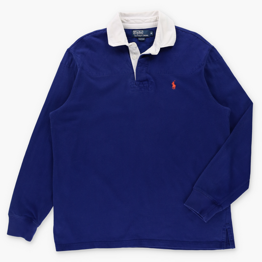 RALPH LAUREN POLO Blue & Orange Embroidered Logo Rugby Jumper (M-L)