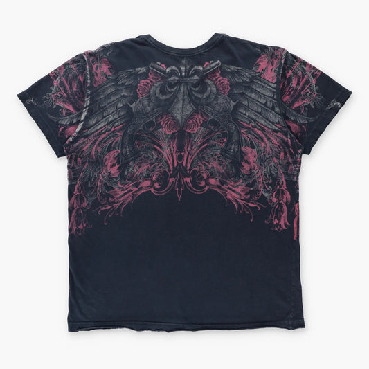 AFFLICTION Skulls & Pistols Y2K Style Distressed Black T-Shirt (L)