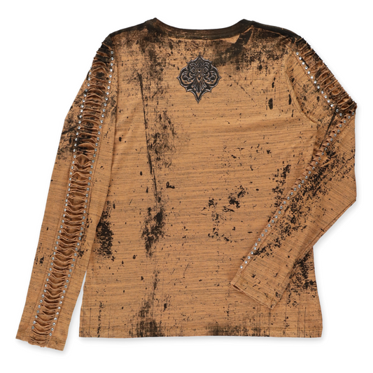 Vintage AFFLICTION Distressed Light Brown Acid Wash "Live Fast" Embellished Long Sleeve Tee (Women's L) Vintage Sole Melbourne