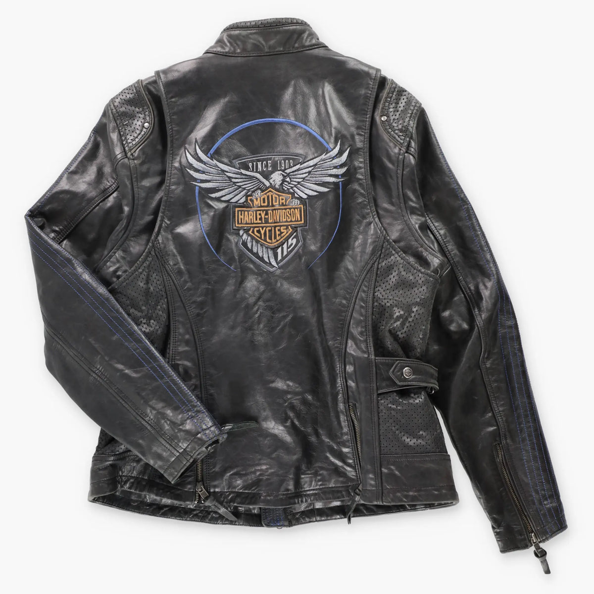 HARLEY DAVIDSON 115th Anniversary Embroidered Logo Patch Black Leather Jacket (Women's L-XL) Vintage Sole Melbourne