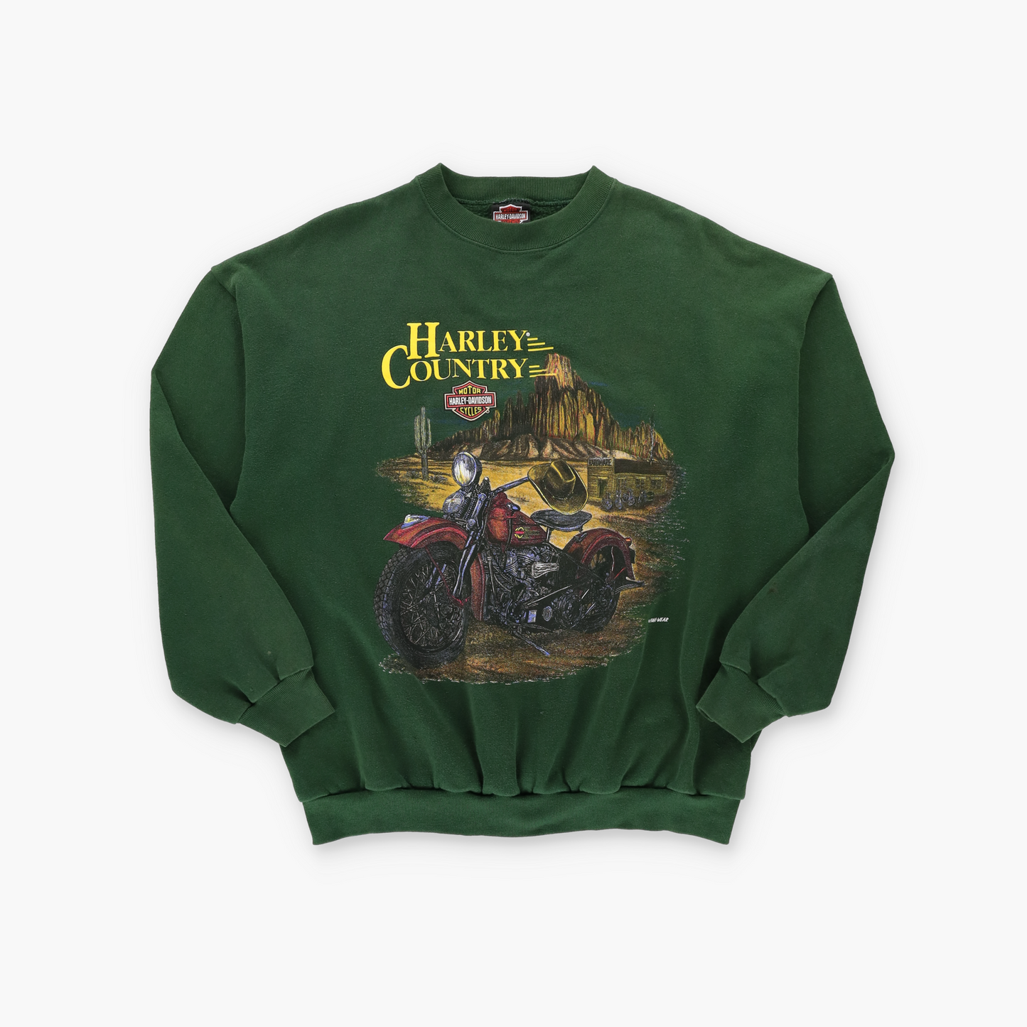HARLEY DAVIDSON Motorcycle & Cowboy Hat Green Sweatshirt USA Made (L-XL)