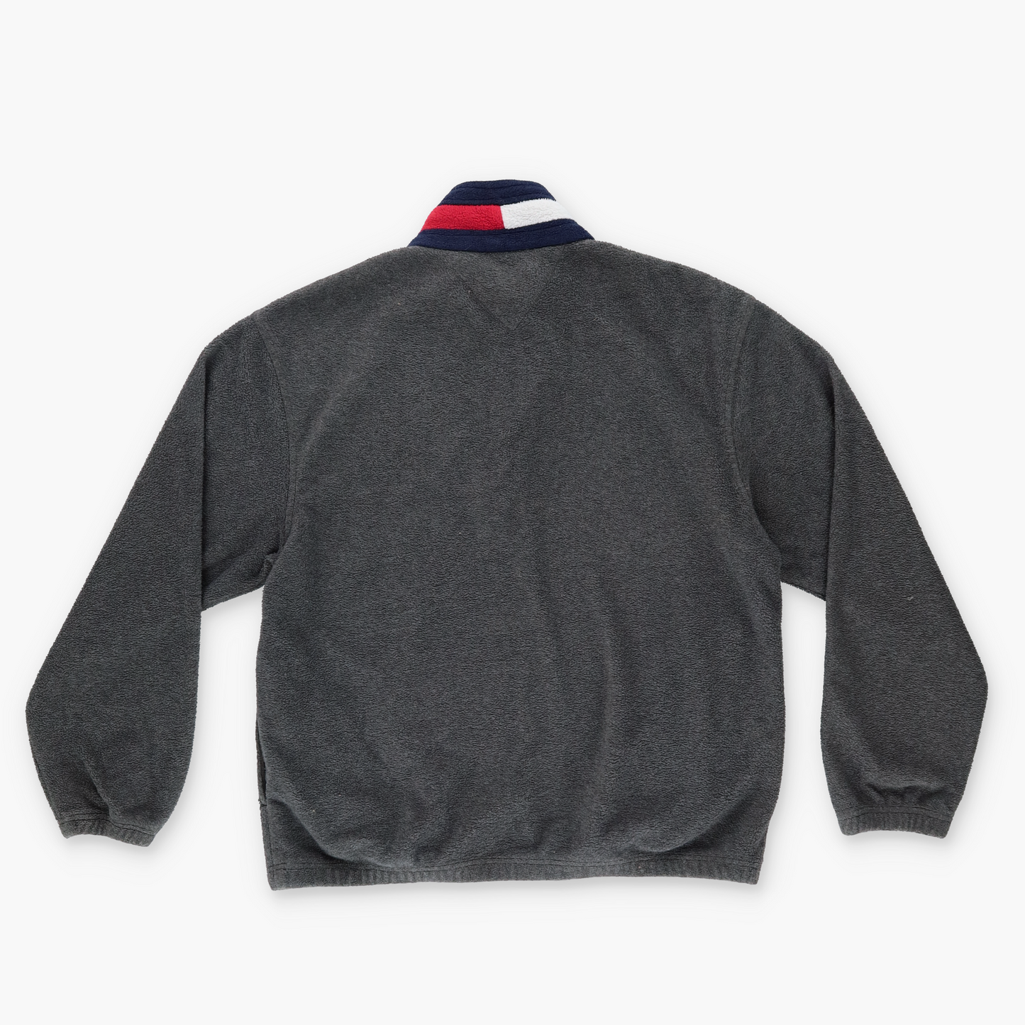 TOMMY HILFIGER 90s Spell Out Logo Striped COLLAR 1/4 Zip Grey Fleece Sweatshirt (L)