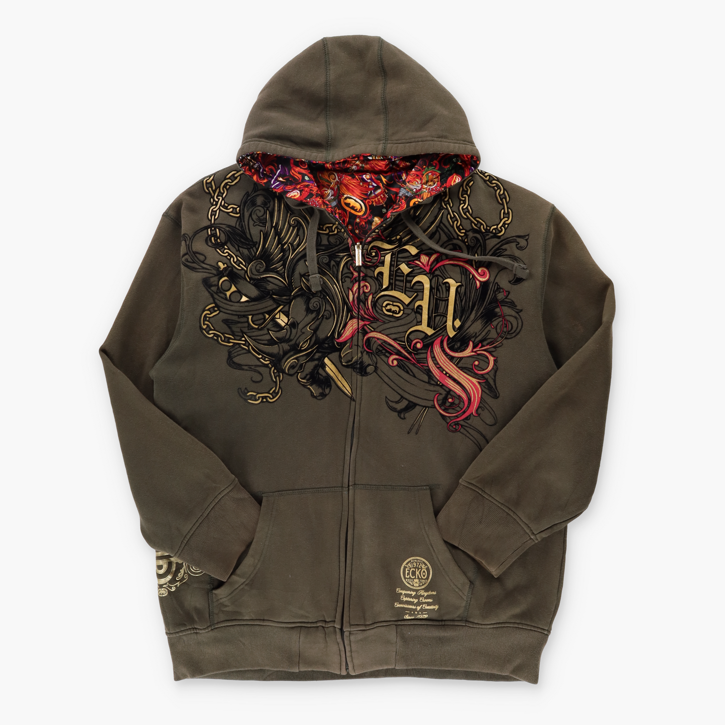 ECKO UNLTD Y2K 'Rawthentic' Bedazzled Sword Chain Grunge Brown Sweatshirt (XL)