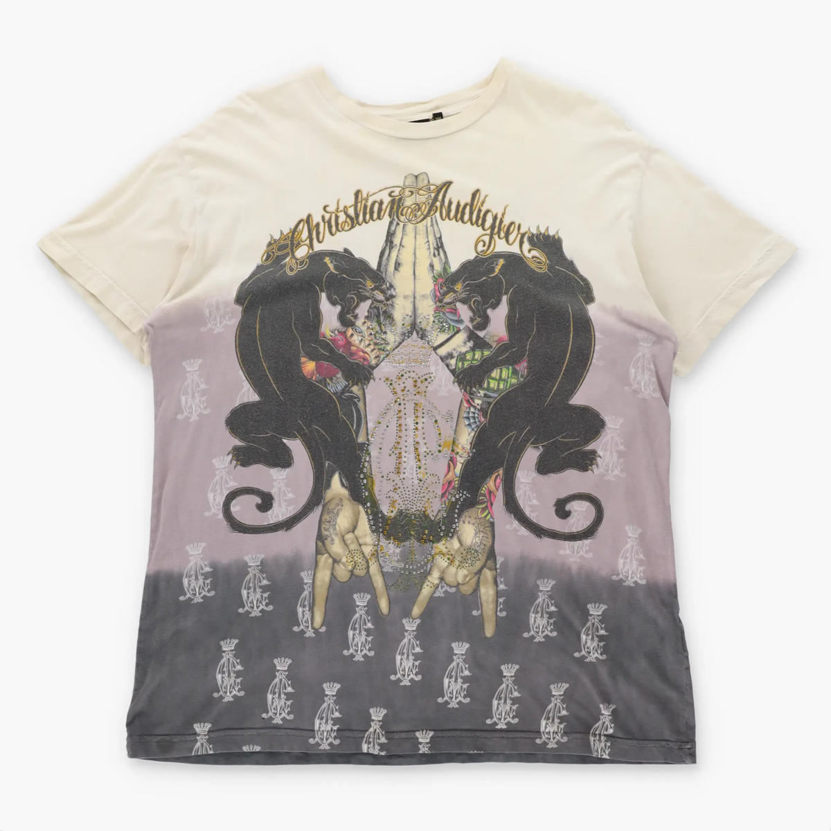 Vintage CHRISTIAN AUDIGIER Double Panther Embellished Cream & Grey Y2K T-Shirt USA Made (XL-XXL)