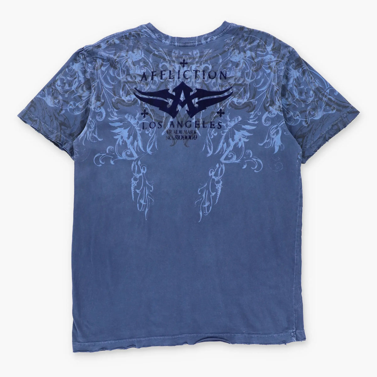 AFFLICTION Vintage Y2K Blue All Over Print Velvet Detail Cross USA Made T-Shirt (M)