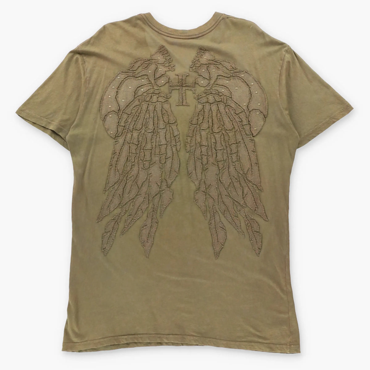 AFFLICTION 'Cut Series' Studded Cross & Wings Patch USA Made Khaki Green V-Neck Y2K Tee (XL TALL)