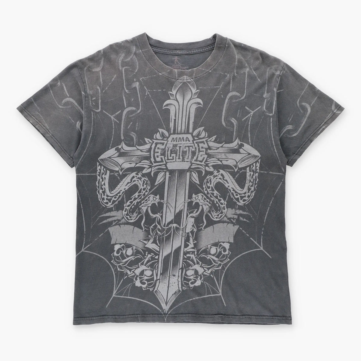 Vintage MMA ELITE Chuck Liddell Grey Snakes & Cross Y2K T-Shirt (L)