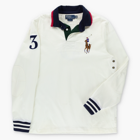 RALPH LAUREN POLO Custom Fit Embroidered Big Pony Colour Block Collar Rugby Jumper (L)