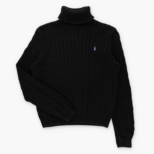 RALPH LAUREN SPORT Black & Purple Embroidered Logo Cable Knit Roll Neck Sweater (M-L)