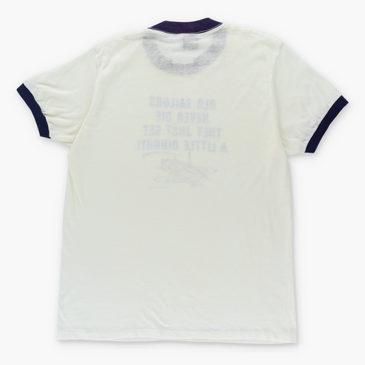 1983 Vintage 'Old Sailors Never Die' Boat Purple & White Ringer T-Shirt (M-L) Vintage Sole Melbourne