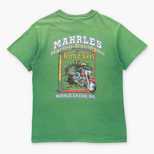 Vintage HARLEY DAVIDSON Korn Flakes "Cereal Capital Of The World" Battle Creek USA Made Green Motorcycle Tee (S TALL) ***COCO Vintage Sole Melbourne