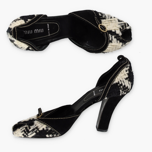 MIU MIU Tweed Suede Buckle Black & White Peep Toe Heels (38.5)