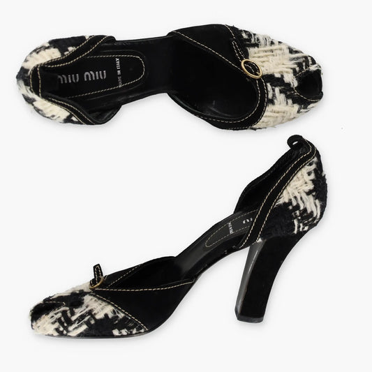 MIU MIU Tweed Suede Buckle Black & White Peep Toe Heels (38.5) Vintage Sole Melbourne
