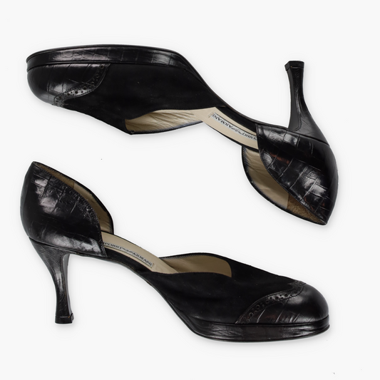 EMPORIO ARMANI Suede & Croc Italy Made Black Round Toe Heels (39)