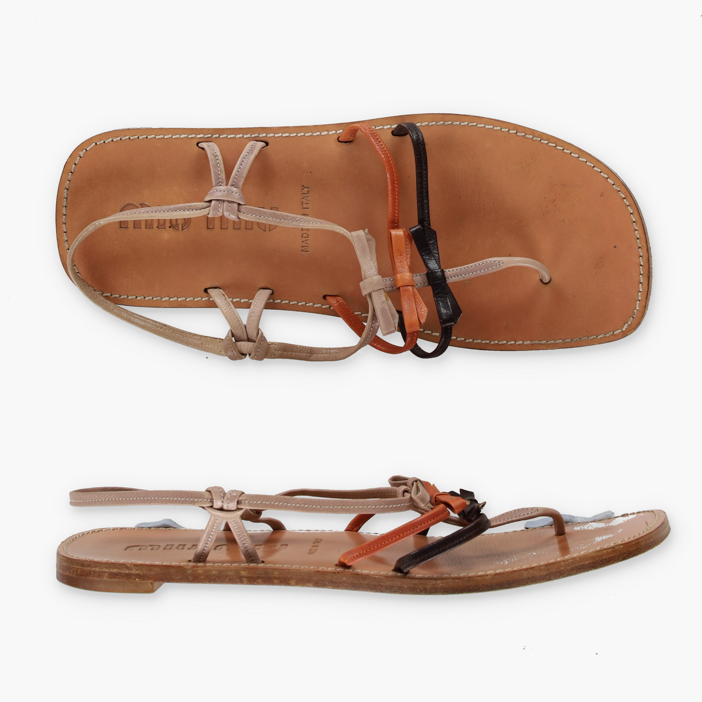 MIU MIU Three-Bow Patent Italy Made Tan Sandal (38.5)
