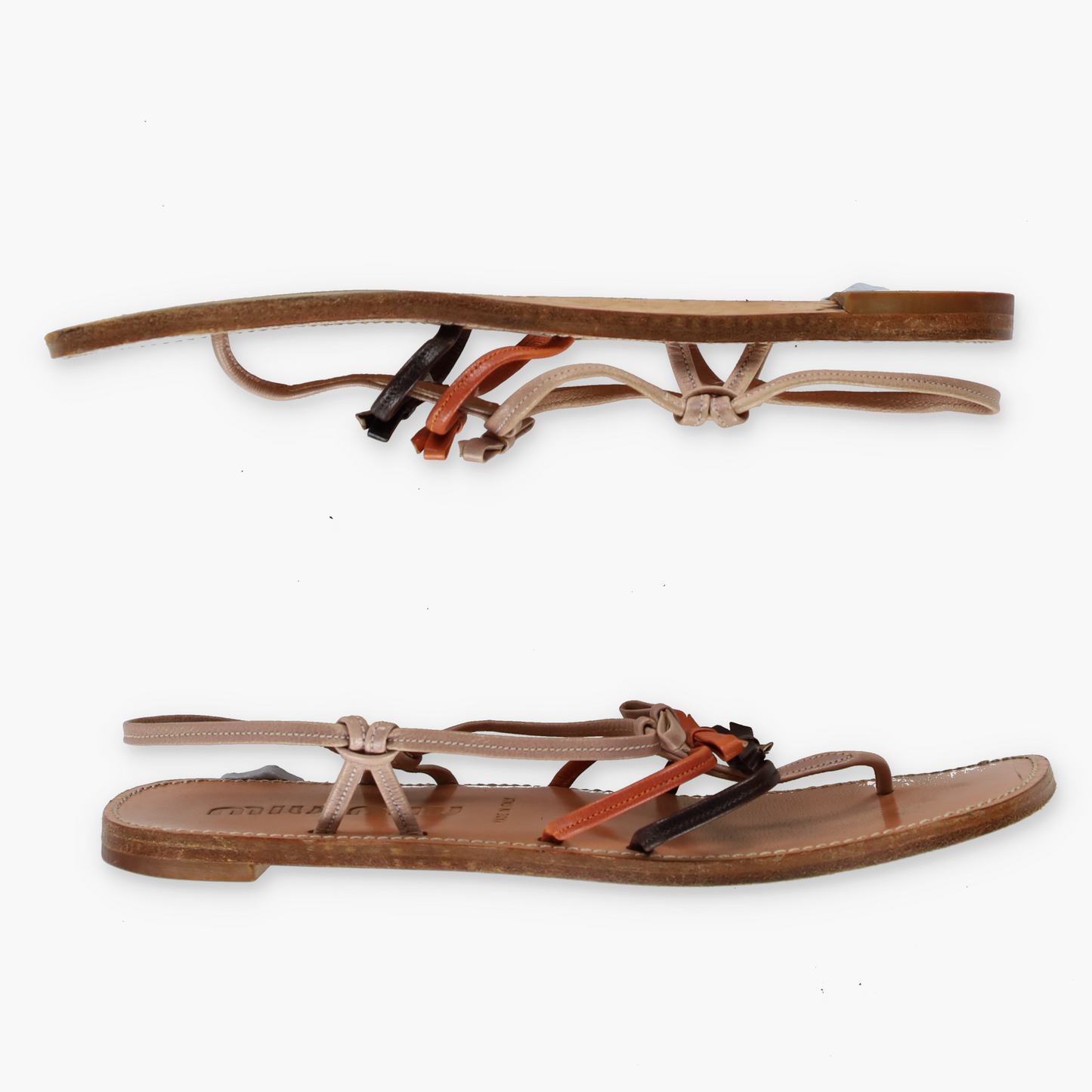 MIU MIU Three-Bow Patent Italy Made Tan Sandal (38.5)