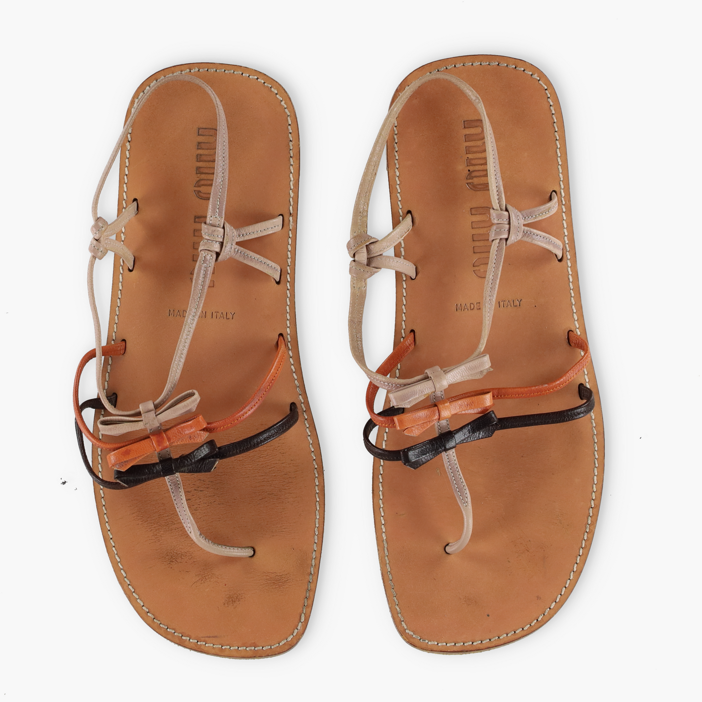MIU MIU Three-Bow Patent Italy Made Tan Sandal (38.5)