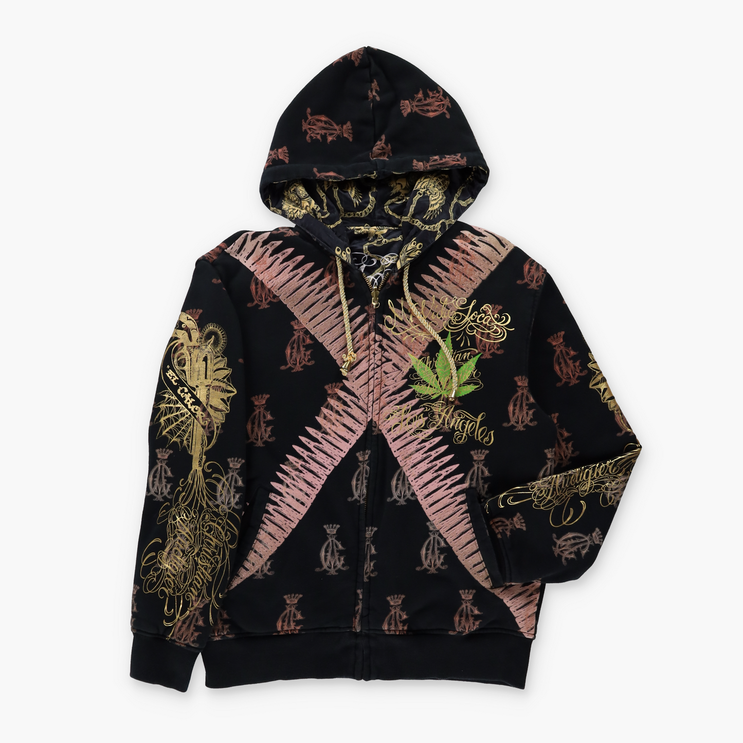 CHRISTIAN AUDIGIER Marijuana Leaf & Gold Metallic Detail Reversible Full Zip Hoodie Sweatshirt (M-L)