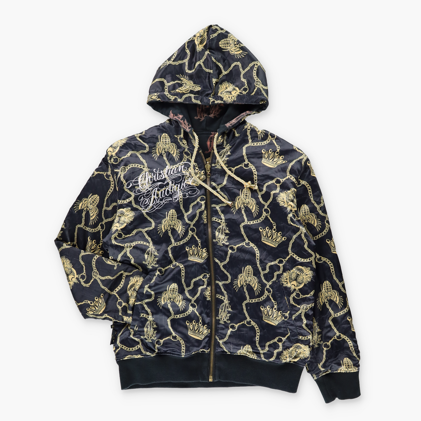 CHRISTIAN AUDIGIER Marijuana Leaf & Gold Metallic Detail Reversible Full Zip Hoodie Sweatshirt (M-L)