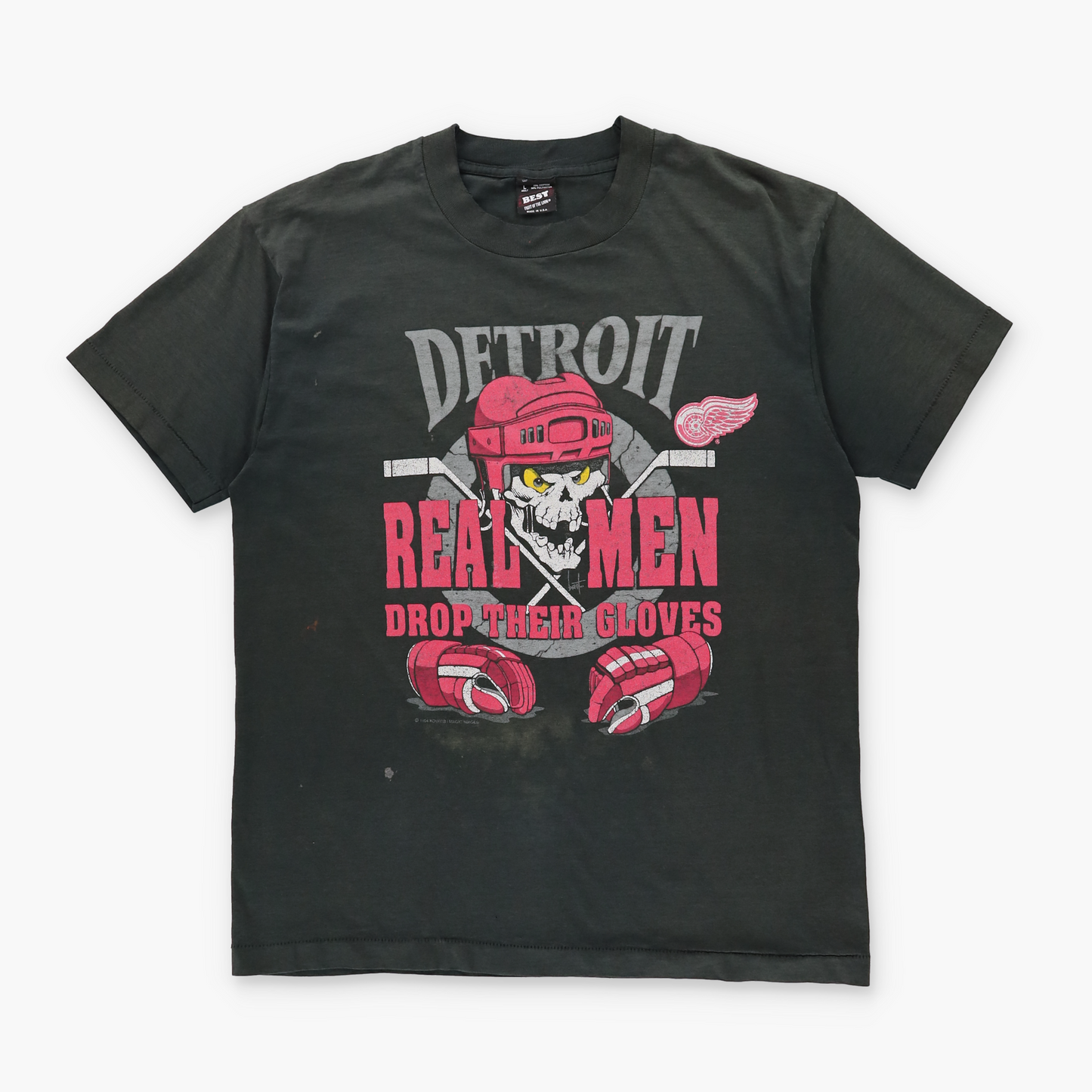 Detroit 'Real Men Drop Their Gloves' 1994 USA Made FRUIT OF THE LOOM Single Stitch T-Shirt (L)