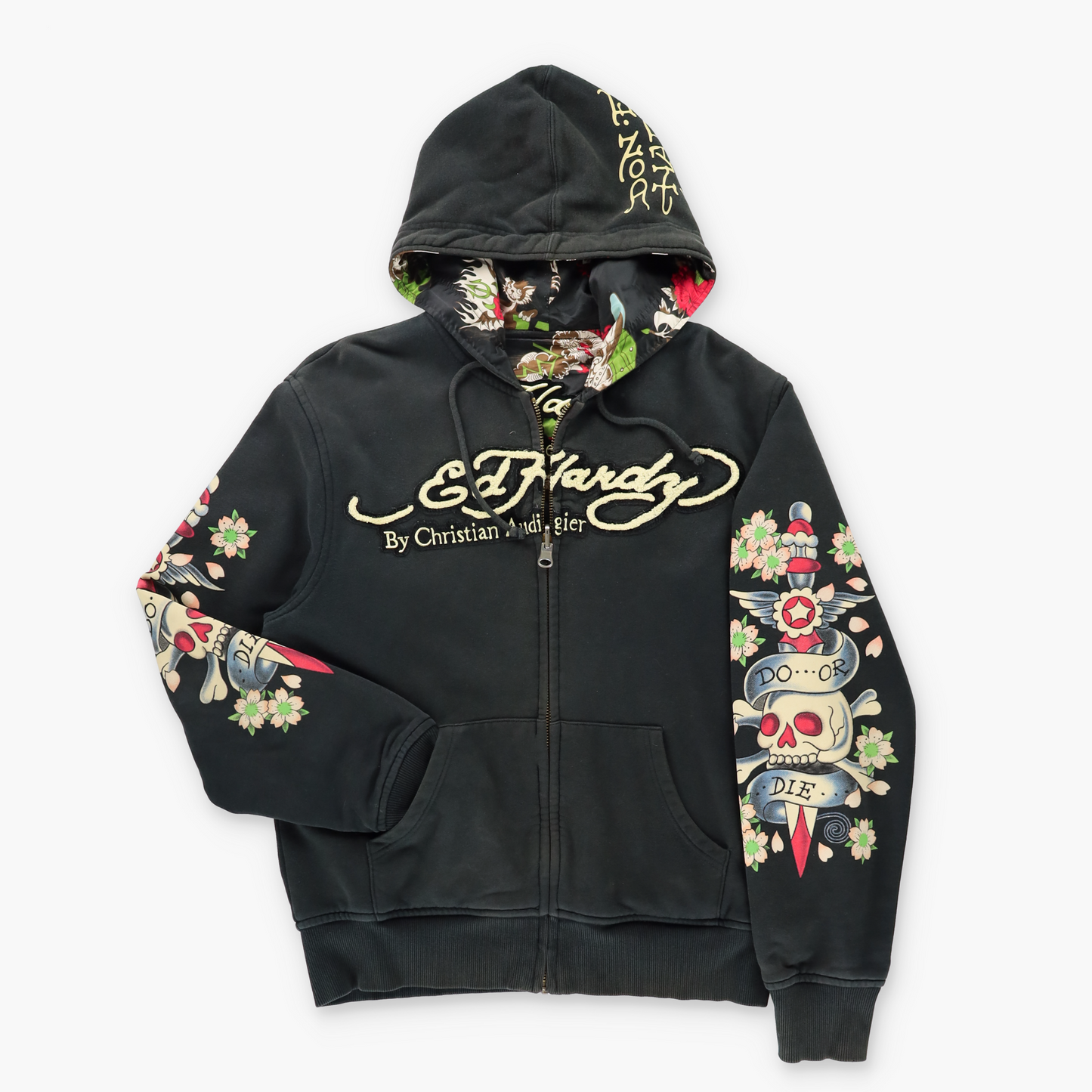 ED HARDY x CHRISTIAN AUDIGIER 'Do Or Die' Embroidered & Velvet Patches Reversible Full Zip Hoodie Sweatshirt (L)