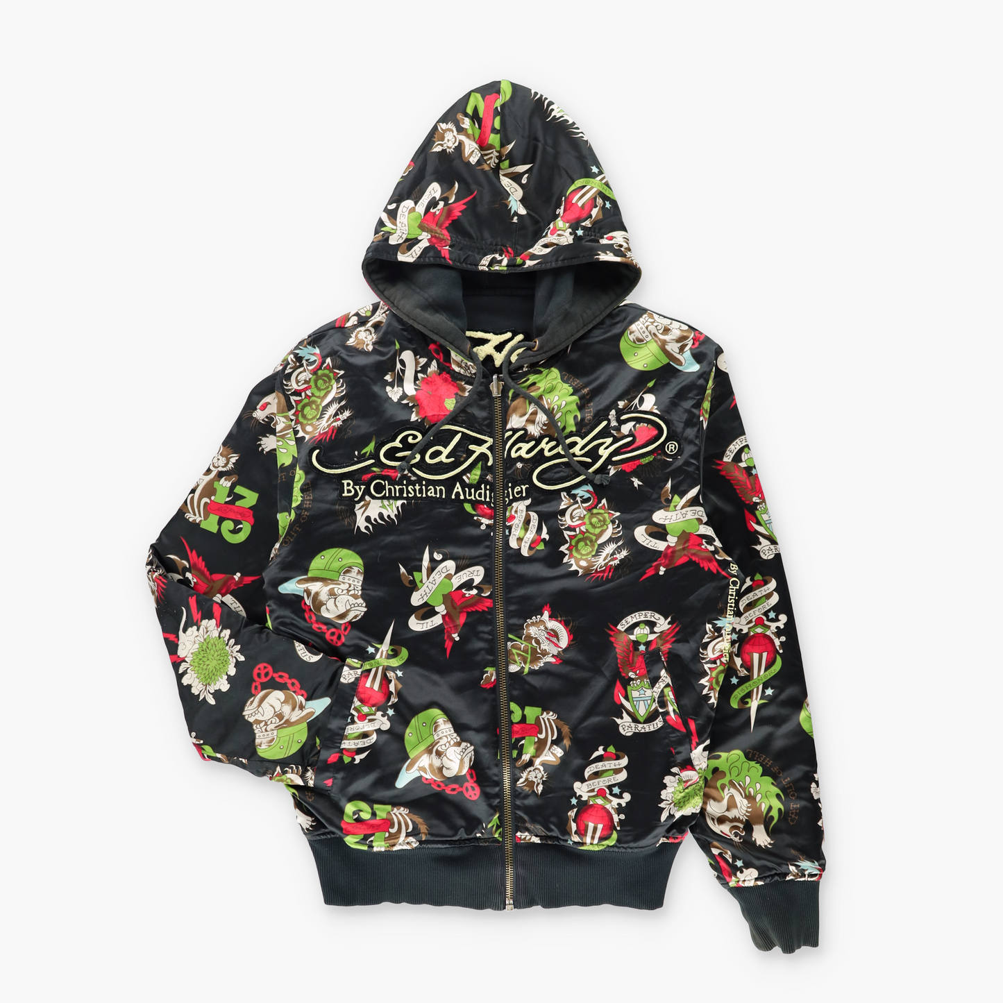 ED HARDY x CHRISTIAN AUDIGIER 'Do Or Die' Embroidered & Velvet Patches Reversible Full Zip Hoodie Sweatshirt (L)