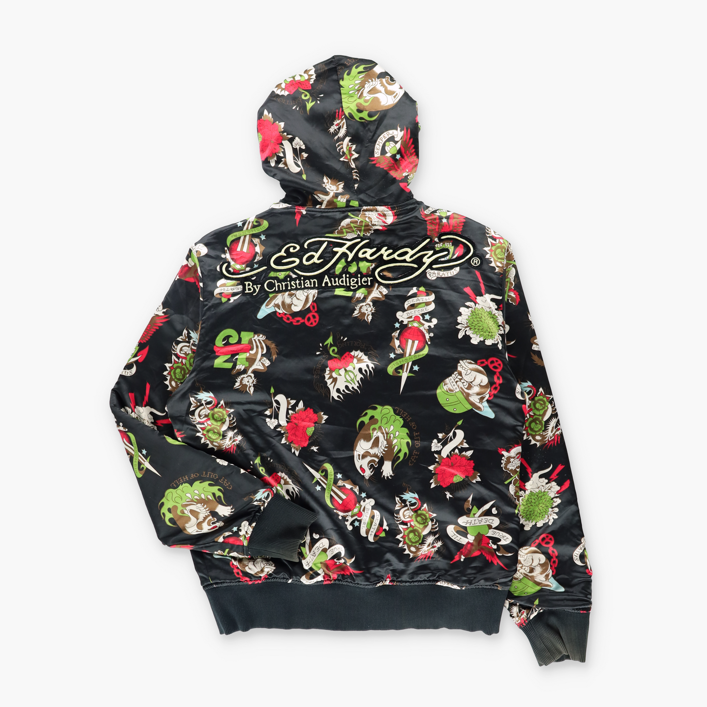 ED HARDY x CHRISTIAN AUDIGIER 'Do Or Die' Embroidered & Velvet Patches Reversible Full Zip Hoodie Sweatshirt (L)