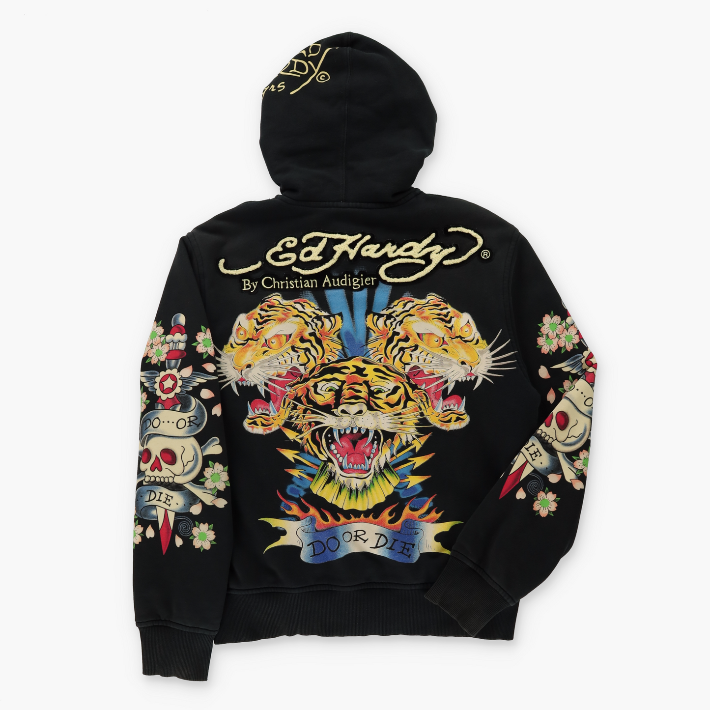 ED HARDY x CHRISTIAN AUDIGIER 'Do Or Die' Embroidered & Velvet Patches Reversible Full Zip Hoodie Sweatshirt (L)