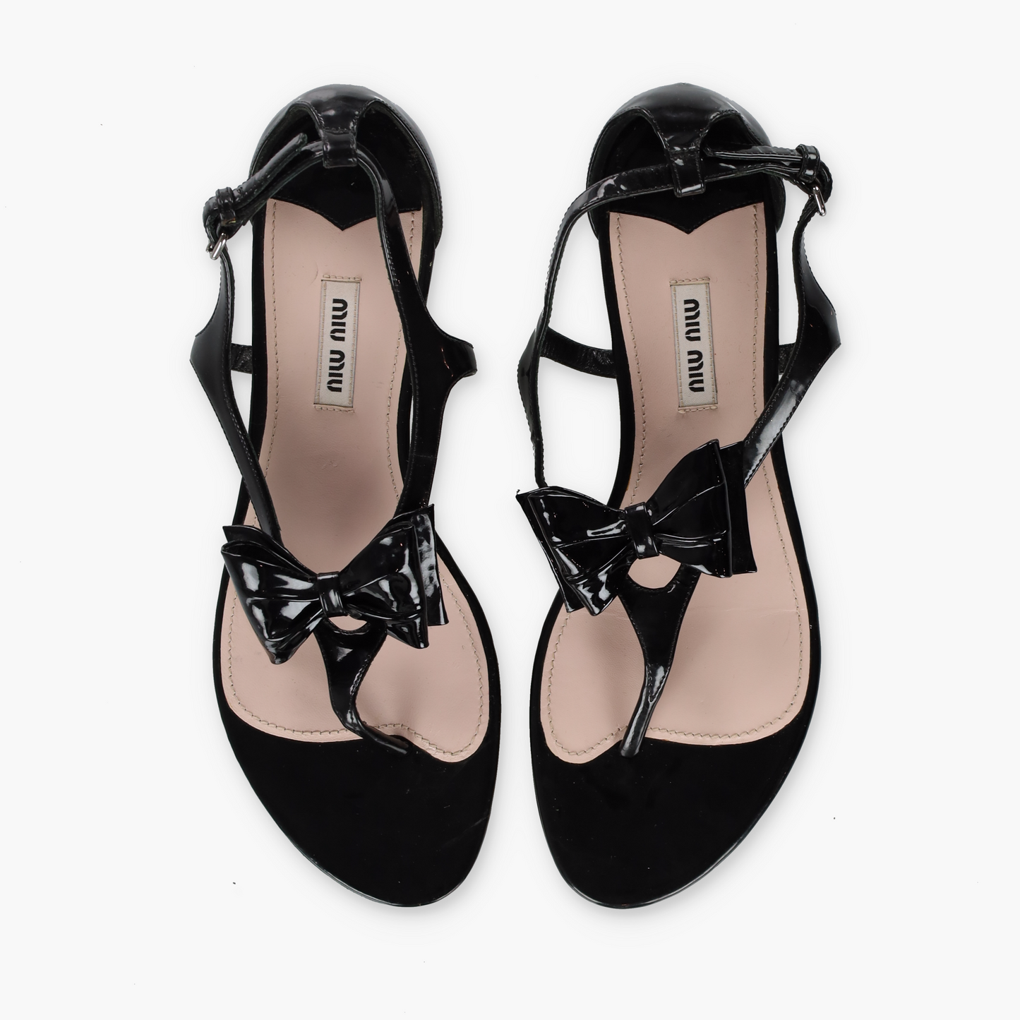 MIU MIU Black Patent Leather Bow Adjustable Buckle Strap T-Bar Sandals (40)