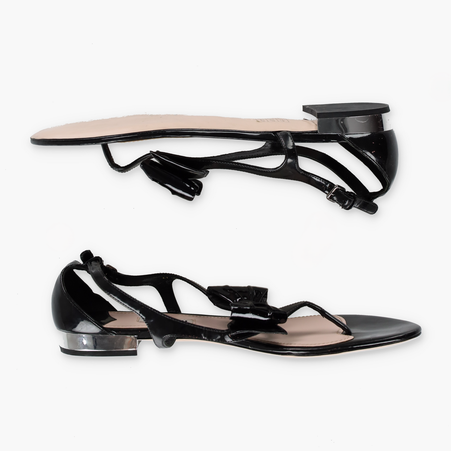MIU MIU Black Patent Leather Bow Adjustable Buckle Strap T-Bar Sandals (40)