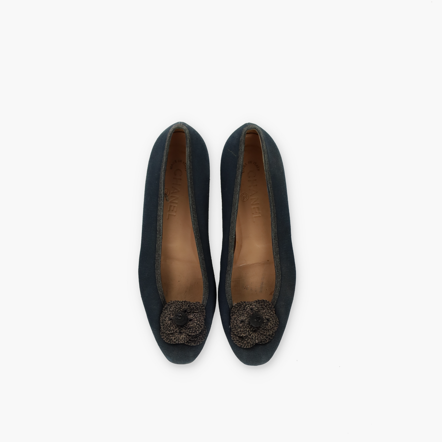 CHANEL 'Camellia' Navy Flower Canvas Ballet Flats (38)