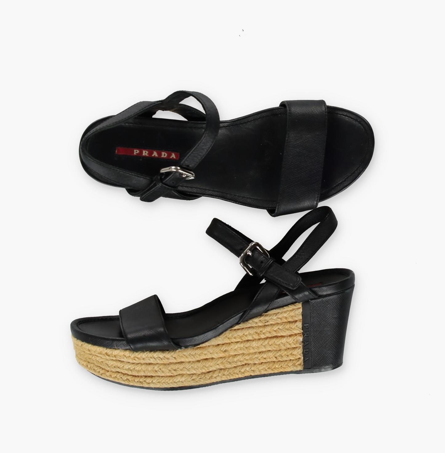 PRADA Strappy Black Patent Leather Espadrille Wedges (37)