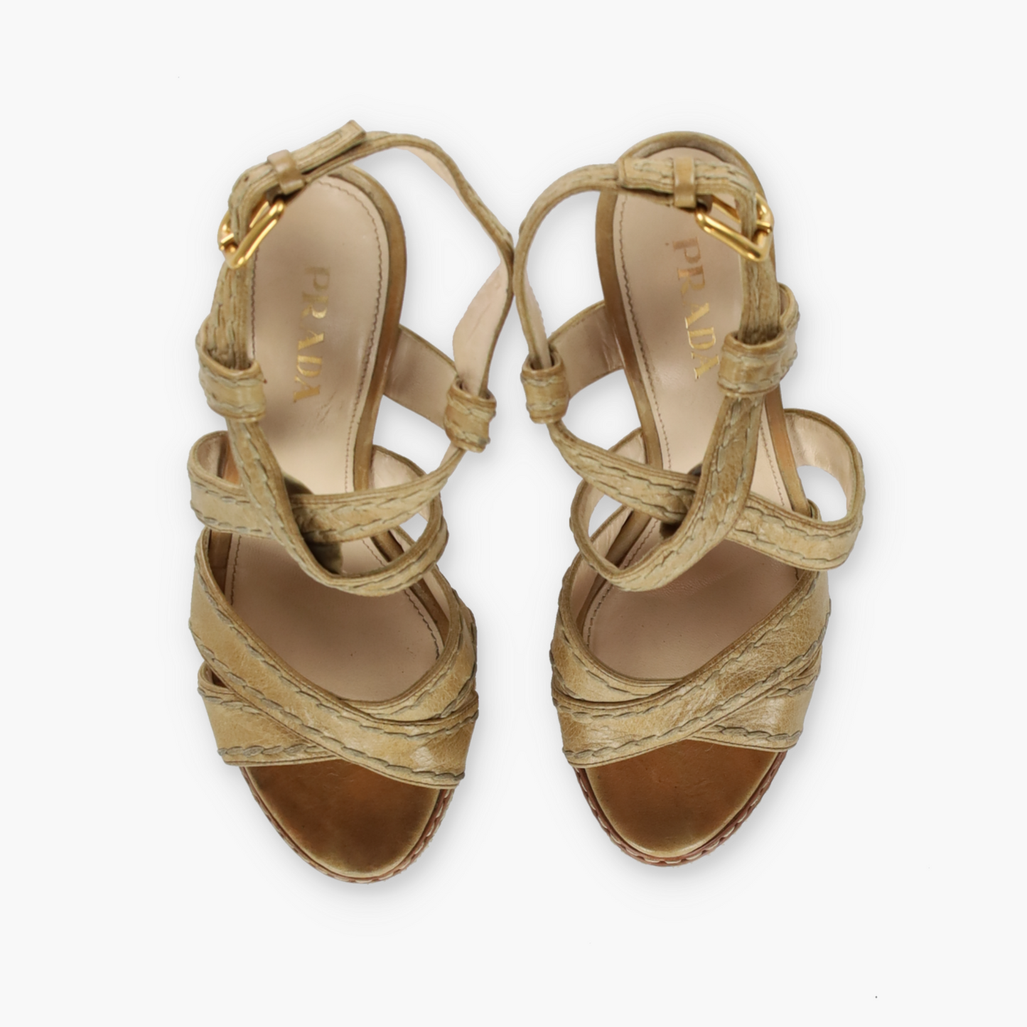 PRADA Strappy Stitch Braided Tan Platform High Heels (36.5)