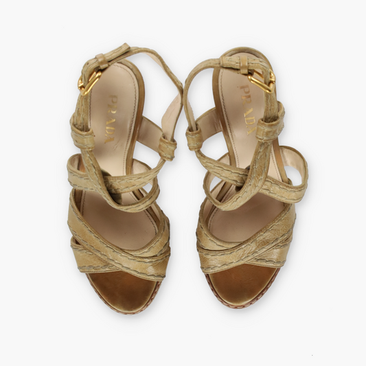 PRADA Strappy Stitch Braided Tan Platform High Heels (36.5)