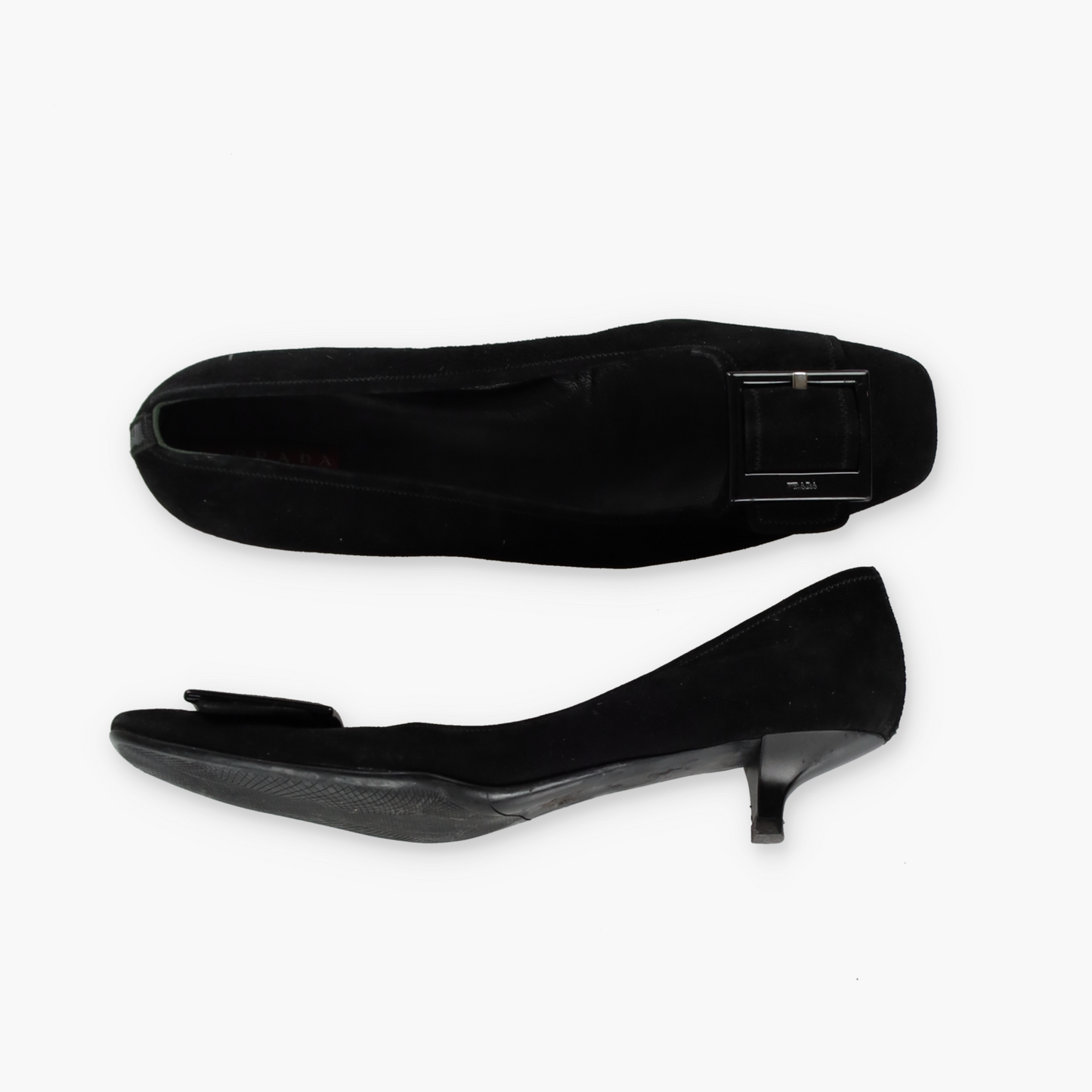 PRADA Large Buckle Detail Suede Low Kitten Heel (38.5)