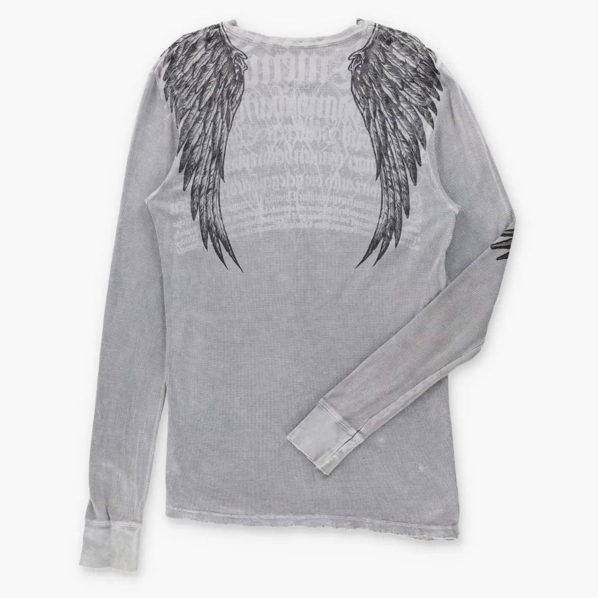 Vintage AFFLICTION Grey Skeletal Birds & Fleur-De-Lis Waffle Knit Thermal Long Sleeve Tee (L Tall)