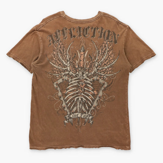 AFFLICTION Vintage "Live Fast" Spell Out Logo Shield Brown Y2K Tee USA Made (L)