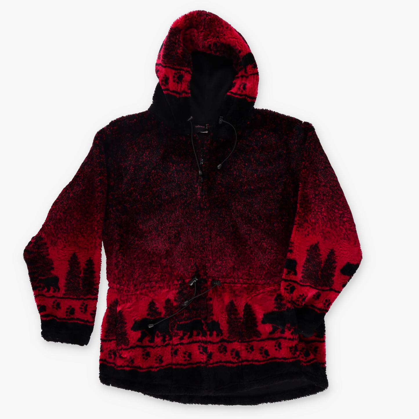 ANDREA FAYE Bear Forest Red & Black USA Made Fleece Jacket (XL)