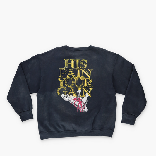 1990 Lord's Gym 'His Pain Your Gain' Jesus Graphic 'USA Made' Navy Vintage Sweatshirt (M-L)