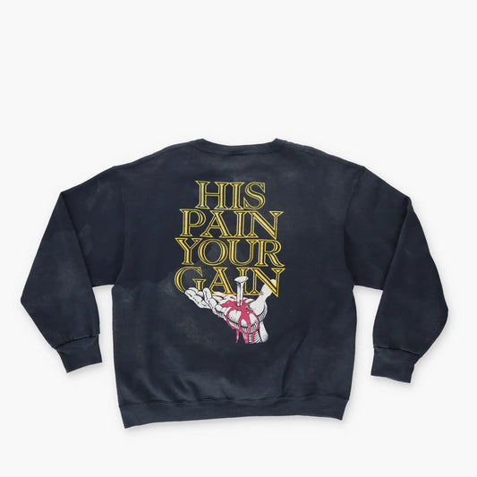 1990 Lord's Gym 'His Pain Your Gain' Jesus Graphic 'USA Made' Navy Vintage Sweatshirt (M-L) Vintage Sole Melbourne