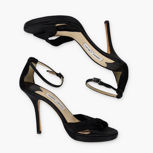 JIMMY CHOO Black Satin 'Macy' Adjustable Strap Stiletto Sandal Heels Italian Made (39)