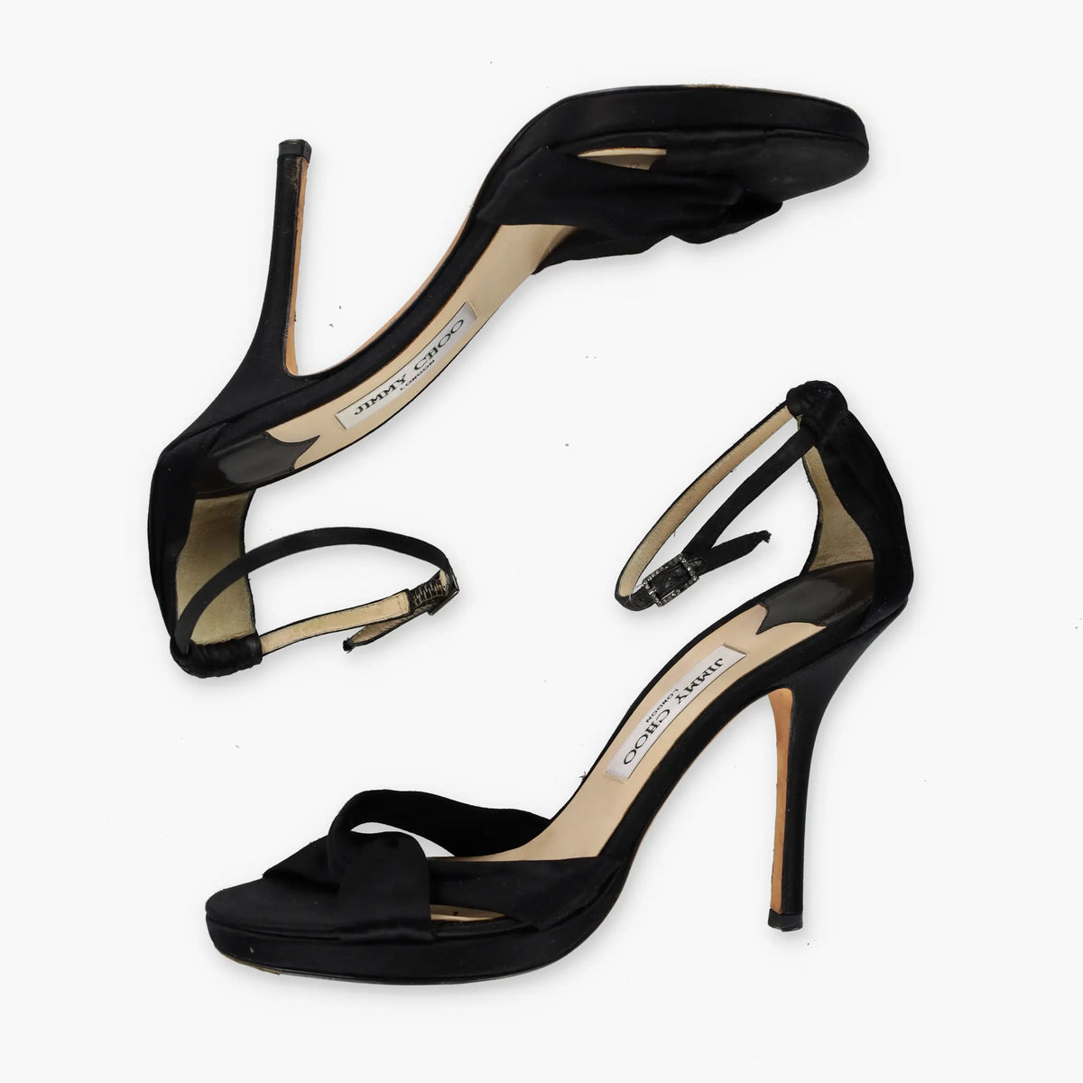 JIMMY CHOO Black Satin 'Macy' Adjustable Strap Stiletto Sandal Heels Italian Made (39) Vintage Sole Melbourne