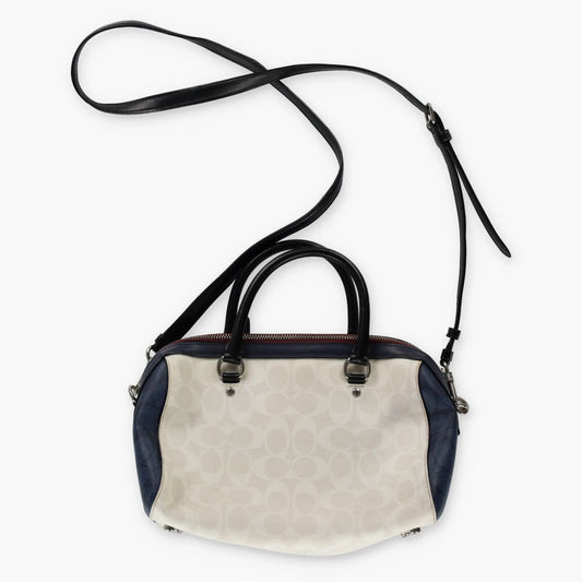 COACH 'Rowan' Cream & Navy Signature Monogram Satchel Bag - Vintage Sole Melbourne