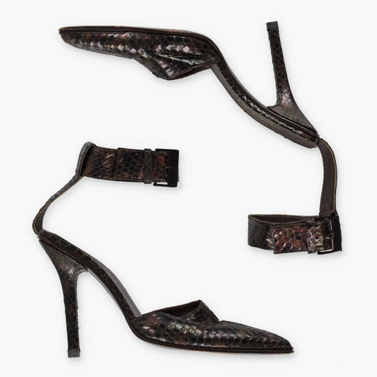 GUCCI Brown Metallic Python Leather Ankle Strap Italian Made Stiletto Heels (37) - Vintage Sole Melbourne
